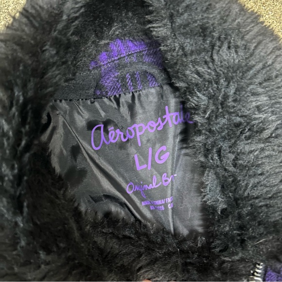 Aeropostale Bomber Jacket Womens Large Purple Faux Fur Collar Y2K Plaid Emo Goth - Picture 4 of 9